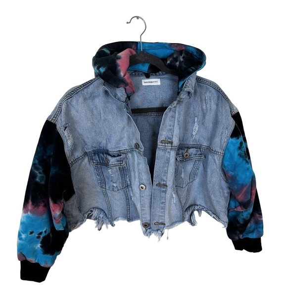 Dance & Marvel Blue Pink Raw Hem Crop Distressed Convertible Denim Jacket Small - Picture 1 of 11
